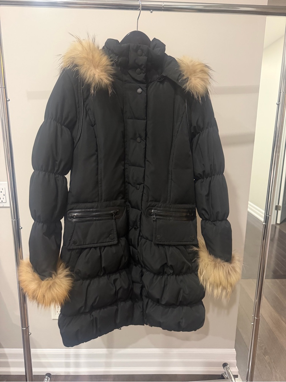RUDSAK Black Puffer Jacket with Tan Fur Trim